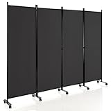 COSTWAY 3/4-Panel Folding Room Divider, Rolling Wall Privacy Screen Protector with Wheels, Freestanding Paravent Partition Separator for Bedroom, Living Room and Office (Grey, 4 Panel-224x172cm)