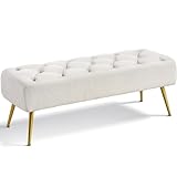 Yaheetech Modern Ottoman Footstool Bench Upholstered Button-Tufted Footrest Stool with Gold Metal Legs for Living Room, Bedroom, Entryway, Window, Ivory