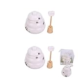 XIZHI 2Pcs Cute Ceramics Mini Honey Jar with Dipper and Lid Beehive Style Honey Pot for Home Kitchen Store Honey and Syrup, White 3 Inch