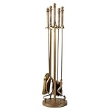 4pc Fireplace Companion Set Recycled Cast Iron Fireside Tools - Fire Poker, Brush, Shovel & Tongs with Brass Finish Vintage Style Hearth Tidy Fireplace Accessories Set