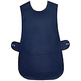 Womens Tabard Apron Ladies Tabards Home Work Kitchen Cleaning Chef Catering Cleaners Workwear Poly Cotton Overall Aprons Large Pocket Tabbard Side Stud Buttons Fastening (Same Piping Edge Navy,OS)