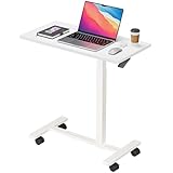 Dripex Pneumatic Height Adjustable Overbed Bedside Table with Wheels, 80 × 40 cm Standing C Shaped Laptop Desk, Small Rolling Bed & Sofa Side Table for Bedroom Living Room (White)