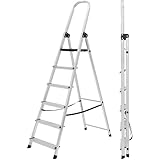 Lightweight Step Ladders 6 Step 71.2'' (181cm) 330.6lbs (150 kg) Max Load - Compact Aluminium Stepladder with Non-Slip Wide Step, Portable Silver Color - Tall Folding Ladder with Platform