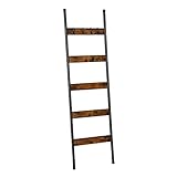 HOOBRO Blanket Ladder, Towel Rack with Hooks, Towel Ladder, 5-Tier Wall-Leaning Blanket Rack, Decorative Display Ladder Shelf, for Scarves, Bedroom, Industrial, Rustic Brown and Black EBF52CJ01