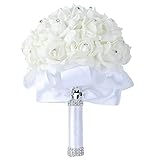 Wedding Bride Bouquet Holding flowers Crystal Diamond Foam Roses Holding flowers with Beautiful Ribbon Bridal Bridesmaid Wedding Bouquet Artificial Silk Flowers Hand Holding (White)