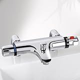 Thermostatic Bath Shower Mixer Tap Deck Mounted Bath Mixer Tap Bar with Bathtub Filler Spout, Thermostatic Shower Bar Taps Faucet Modern Chrome Solid Brass 38°C Safety Anti-Scald, 180mm