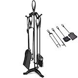 GiantexUK 5-Piece Fireplace Companion Set, Wrought Iron Fire Place Tools Set with Stand, Tong, Shovel, Brush & Poker, Fireside Wood Burner Stove Accessories (Black, 4 Hooks, 3-Point Base)