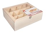 Rayher 62972505 Tea Storage Box with 12 Compartments, Wooden Tea Chest with Lid, Natural Wood, 28.5 x 23.5 x 7 cm