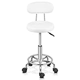 Bonnlo Adjustable Salon Massage Stool Swivel Chair with Upholstered Seat, Rolling Wheels Hydraulic Gas Lift for Hairdressing Spa Salon Beauty Tattoo Therapy Barber Bar,White