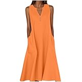 Casual Cotton Linen Dress for Women UK Stylish Notched V Neck Sleeveless Tank Dresses with Pockets Vacation Beach Flowy Midi Sundress Buttons Trim Vest Dress Orange