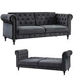 Velvet Three Seater Sofa Bed Vintage Style Chesterfield Bed Sofa Grey Green or Blue Velvet Fabric with Buttoned Back Upholstery - A Timeless Settee for the Contemporary Home (Dark Grey Velvet)