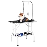 Yaheetech Foldable Dog Grooming Table 36'' Height Adjustable Pet Grooming Table w/Tool Shelf for Small/Medium Dogs/Cats Texture Groomers Table w/2 Loops, Black