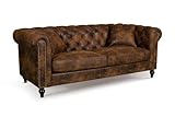 Brown Chesterfield Style Sofa 3 Seater – Faux Leather Tan Sofa with Accent Cushions, Button Detailing & Solid Wood Frame – Classic Three Seat in Faux Leather for Lounge, Office or Club