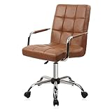 CLATINA Leather Office Chair with Wheels, Mid-Back Ergonomic Desk Chairs with Backrest & Armrest, Swivel Rolling Adjustable Height Upholstered Computer Task Chair for Home, Study, Work, Studio, Brown