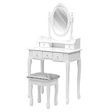 AVC Designs White Dressing Table, Oval Mirror & Stool Set (5 Drawer) Bedroom Makeup Desk