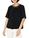 Halston Heritage Women's Flowy Short Sleeve Embellished Neck Silk Top Blouse, Black, Large