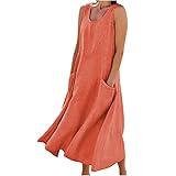 Women's Summer Cotton Linen Long Dress Sleeveless Elegant Flowy Dresses Plus Size Loose Comfy Dress with Pockets, #03 Orange, 4XL