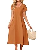 Niwicee Women Summer Maxi Dress Casual Short Sleeve Crew Neck Dresses Ladies Cotton Solid Color Loose Flowy Dresses with Pockets for Daily Beach Holidays (Orange, S)