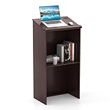 COSTWAY Floor Lectern Podium, Wooden Standing Desk Host Stage with Storage Shelf & Cable Holes, Speaking Reading Table for Classroom, Conference and Auditorium (Brown)