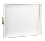 HofferRuffer Extra Large Serving Tray with Handles, Elegant Faux Leather Storage Decorative Tray for Coffee Table, Ottoman, Console Table (White Tray+Golden Handle)