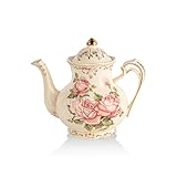 YOLIFE Pink Rose Teapot, 800ml - 4 Cup Ceramic Teapot, Vintage Ivory Floral with Gold Leaves Edge Design, Gift for Women