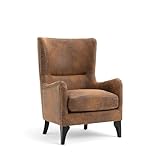 Brown Faux Leather Wingback Armchair – Classic High Back Chair for Reading, Stylish Accent Fireside Chair with Wooden Legs, Ideal for Living Room, Bedroom