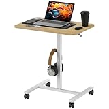 HOMCOM Height Adjustable Standing Desk, Pneumatic Sit Stand Desk for Laptop, Mobile Overbed Table with Wheels and Headphone Hook for Home Office, Natural Wood Finish