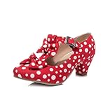 MFairy Women Mid Block Heel Mary Jane Shoes Polka Dot Bow Dress Pumps, Red, 7 UK