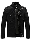 WenVen Men's Casual Cotton Jacket Outdoor Lightweight Leisure Jacket Classic Full-Zip Jacket Military Jacket Black L