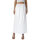 Edhomenn Women's Satin Half Slips Solid Color Long Underskirt Elastic Waist Inner Lining Midi Skirt Y2k Ladies Petticoats Under Dresses (01 White, M)