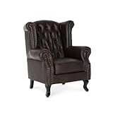 Chesterfield Wingback Brown Faux Leather Chair - High Back & Seat Durable Non-Cracking,Sturdy Queen Anne Winged Armchairs Living Room Bedroom Reading