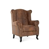 Union Jack Flag Chesterfield Wingback Brown Suede Faux Leather Chair - High Backed & Seat, Durable Microsuede Fabric, Sturdy Queen Anne Winged Armchairs for Living Room Conservatory Bedroom Reading