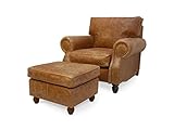 Vintage Leather Arm Chair And Matching Footstool Presented in Genuine Vintage Tan Leather 'The Hepburn' Hand Made In The UK