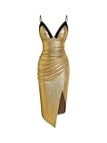 CIDER Party Dress Metallic V Neck Ruched Midi Dress Bodycon Elegant Slim Fit Cocktail Dress Going Out Dresses Gold