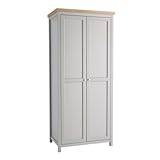 Home Source 2 Door Wardrobe, Wooden Hanging Rail Storage Shelves, Oak Effect, Grey