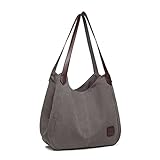 Kono Women Canvas Hobo Shoulder Bag Handbag Ladies Vintage Multiple Pockets Tote Top Handle Bags for Shopping Work School Travel Casual Daily (Grey)