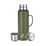 Vacuum Insulated Flask 1000ml/33oz with Cup Lid Stainless Steel Thermo Water Flasks Leakproof Keep Coffee Hot&Cold Drink Bottle.(Green, with Handle, 1000ml)