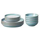 Denby - Azure Blue Dinner Set for 4-12 Piece Ceramic Tableware Set Blue, White - Dishwasher Microwave Safe Ceramic, Stoneware Crockery - Includes 4 x Dinner Plates, Small Plates, Cereal Bowls