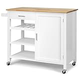 GiantexUK Kitchen Island Cart on Wheels, Mobile Storage Trolley with Oak Wood Countertop, Adjustable Shelves, Towel Rack & Wine Rack, Utility Serving Trolley for Dining Living Room (White Body)