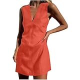 Dresses for Women UK Solid Colour V Neck Sleeveless Tank Dress Casual Cotton Linen Mini Dress Elegant A-Line Short Sundress Ladies Holiday Beach Tunic Bodycon Dresses Orange
