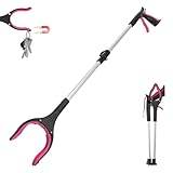32" (83cm) Foldable Litter Picker,Extra Long Grabber Reacher Stick Tool, Lightweight Rubbish Pick Up,Strong Magnetic Grip, 360° Rotating 4" Wide Claw, Anti-Slip Jaw (Pink, 32 inch)