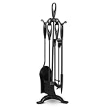 BLADO 5 Pc Black Fireside Companion Set–Durable Cast Iron Fireplace Accessories for Wood Burning Stove–Fire Poker Shovel Fire Brush–Complete Companion Sets for Log Burners – 5 Fireplace Tool Sets