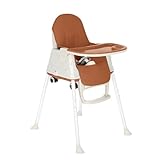 M.J COMFY-LIFE 3-in-1 Convertible Baby High Chair – Adjustable Toddler Feeding Chair with Removable Tray, 5-Point Harness, and Wooden Legs – Suitable from 6 Months to 5 Years (Coffee)