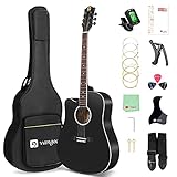 Vangoa Left Handed Acoustic Guitar 4/4 Full Size Cutaway Lefty Folk Guitar Starter Set with Beginner Kits, Black