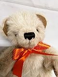 Merrythought 14" Beige Collectible Mohair Bear with Orange & White Spot Ribbon