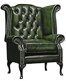 Queen Anne Wingback Chair in Green Genuine Leather – Chesterfield Buttoned Armchair | Handmade | Solid Mahogany Legs | Antique Style Upholstery | Classic High Back Chair (Green)