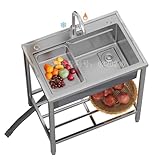 Outdoor Sink Single Bowl, Freestanding Stainless Steel Utility Sink, Commercial Kitchen with Hot and Cold Tap for Restaurant, Bar, Laundry, Garage, Backyard (Depth 22cm)