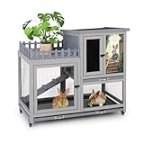 LeFluffy Double Layers Durable 97.15CM Rabbit Hutch Indoor on Wheels, Small Animal Houses Habitat, Rolling Large Bunny Cage Outdoor with Removable Tray, Ramp, Two Story Bunny Cage（Grey）
