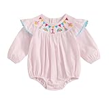 Geagodelia Toddler Baby Girl 1st Birthday Outfit One Year Old Embroidered Birthday Baby Grow Baby First Birthday Romper Cake Smash Outfit (Long Sleeve Striped 1 Rainbow Rose, 9-12 Months)