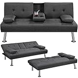Yaheetech Sofa Bed Fabric Click Clack Sofa Bed with 2 Cup Holders, Convertible Futon Settee, Futon Recliner Lounge for Living Room, Spare Room, Bedroom, Dark Gray